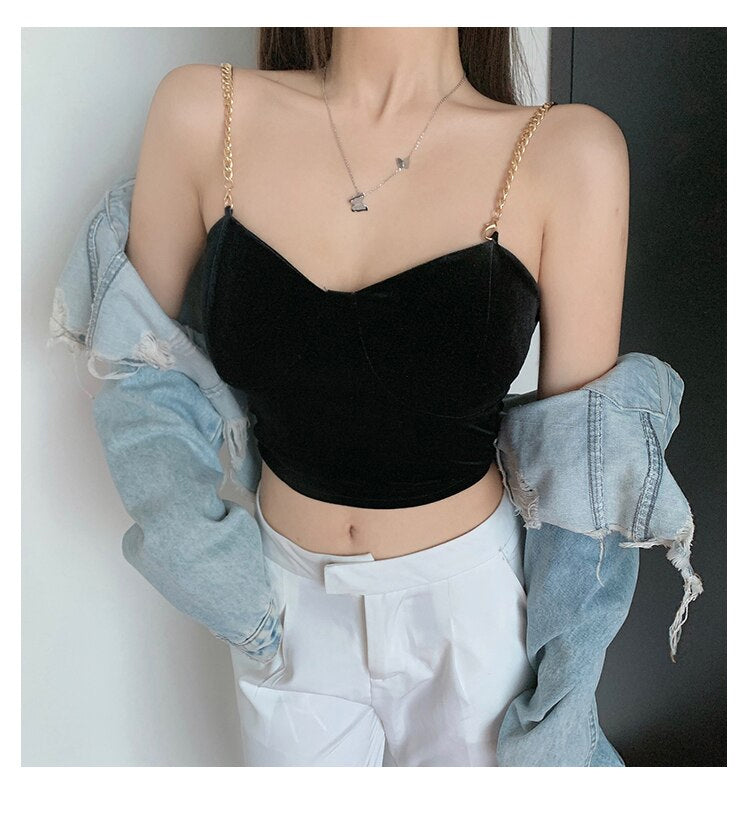 Sexy Chest Pad Chain Strap Crop Tops