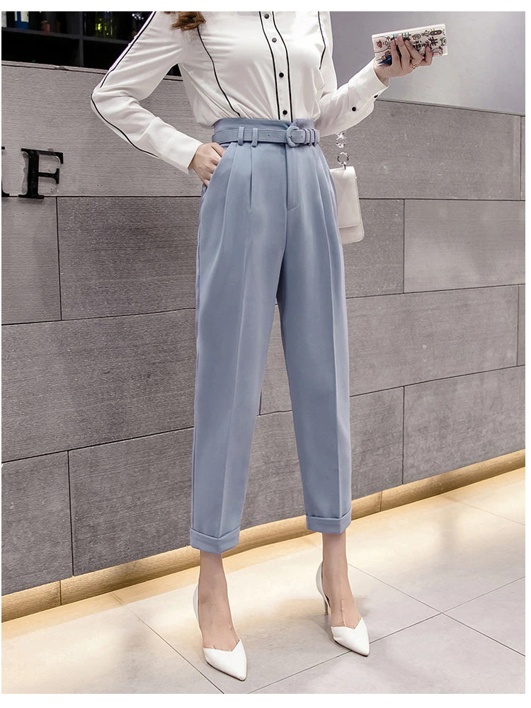High Waist Ankle Length Elegant Office Pants with Belt