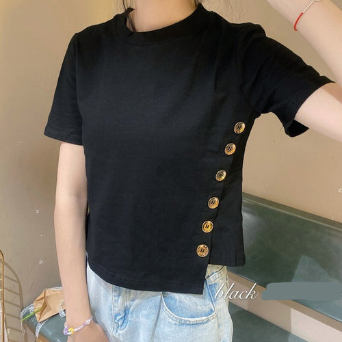 Cute Side Button Short Sleeve Slim Shirt