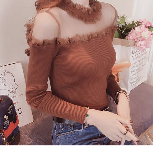 Sexy Mesh Ruffled Collar Knitted Slim Shirt