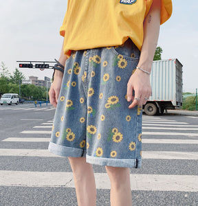Sun Flower Pattern Denim Shorts Pants