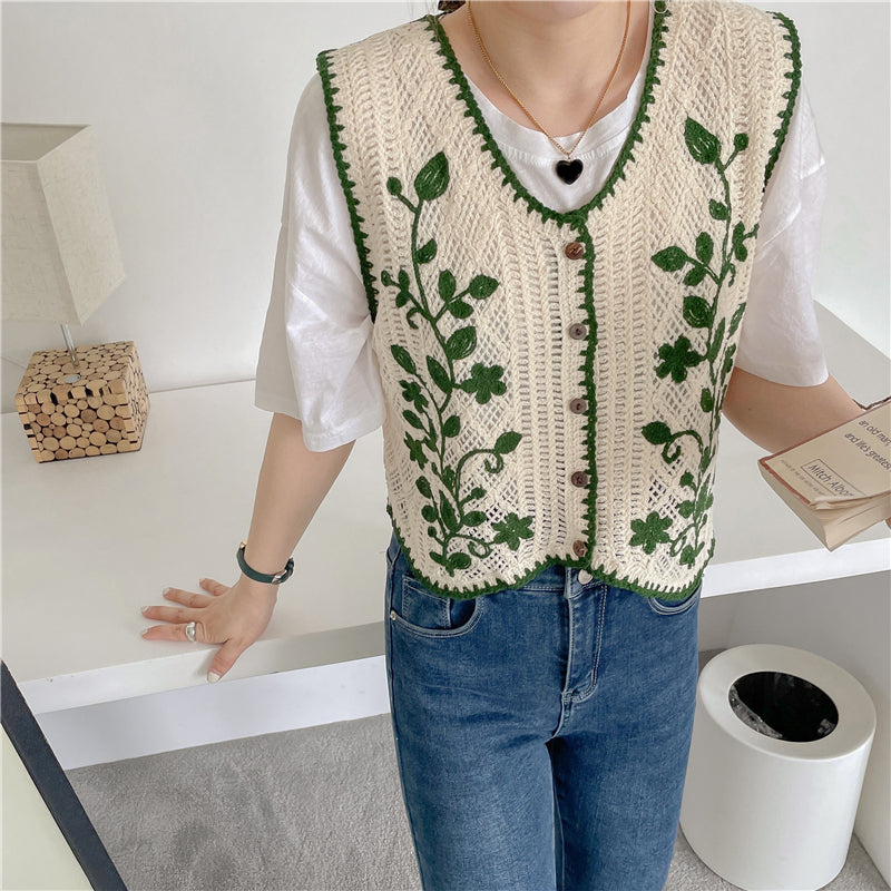 Floral Embroidered Elegant Knitted Vest Sweater