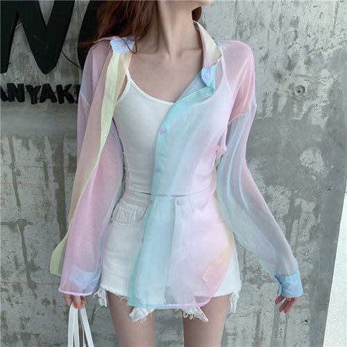 Rainbow Sexy Transparent Mesh Blouse Shirt