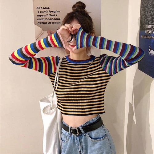 Striped Knitted Slim Crop Tops Long Sleeve Shirt