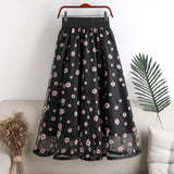 High Waist Daisy Flowers Pattern Mesh Long Skirt