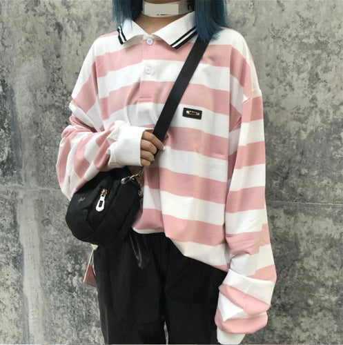 Retro Stripes Loose Oversized Polo Shirt