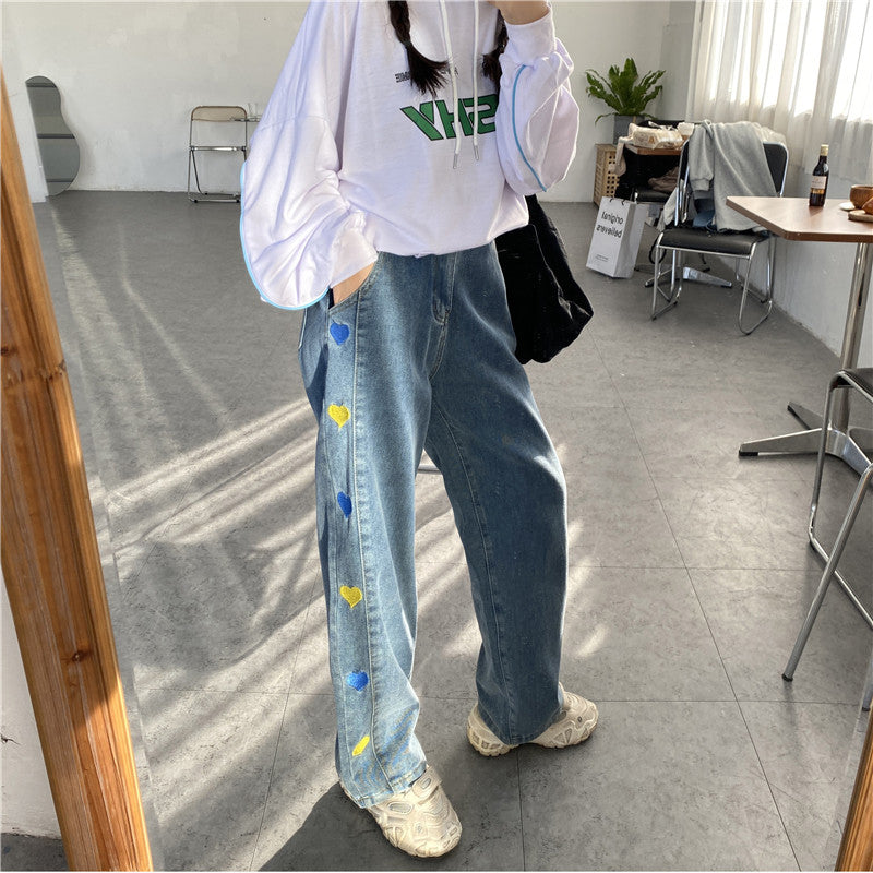 Color Heart Side Pattern Embroidery Jeans
