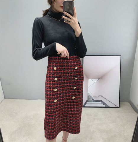 Vintage Double Breasted Plaid Knitted Skirt