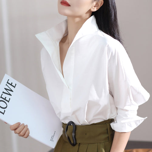 Three Quarter Sleeve Wide Collar Blouse Shirt