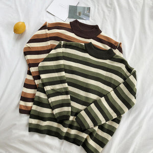 Striped Thin O-Neck Knitting Loose Sweater
