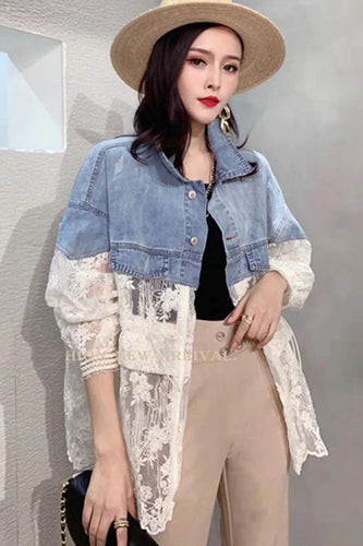 Lace Spliced Loose Denim Jacket