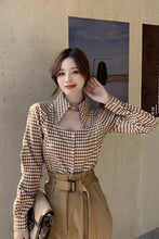 Sexy Hollow Out Neck Long Sleeve Plaid Shirt