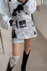 Newspaper Printed Irregular A-Line Mini Skirt