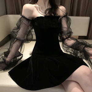 Vintage Mesh Off Shoulder Lantern Sleeve Gothic Dress