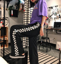 Side Checkerboard Plaid Print Elastic Waist Pants