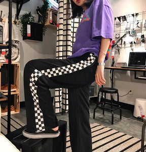 Side Checkerboard Plaid Print Elastic Waist Pants