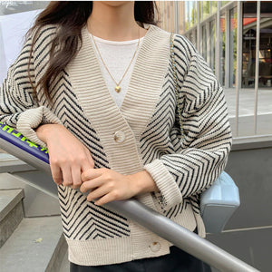Striped V-Neck Cardigan Buttons Oversize Sweater