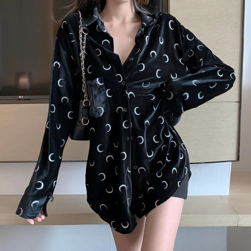 Long Sleeve Crescent Moon Velvour Blouse Shirt