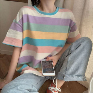 Multicolor Striped O Neck Loose Shirt