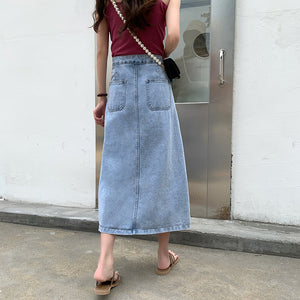 High Waist A-Line Irregular Long Pleated Jeans Skirt