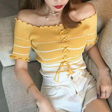 Sexy Slash Neck Striped Knitted Ruffles Shirt