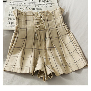 High Waist Plaid Lace Tie Shorts Pants