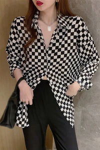 Long Sleeve Checkered Pattern Blouse Shirts