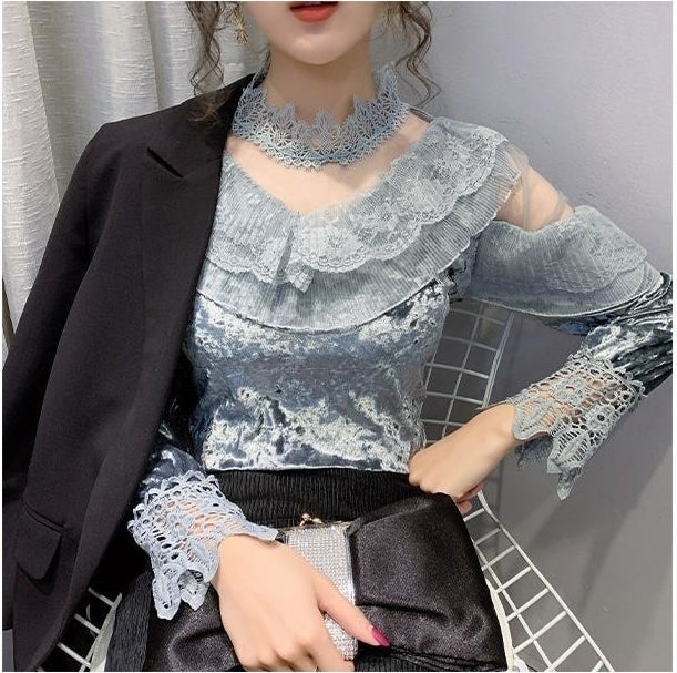 High Neck Lace Mesh Elegant Blouse Shirts