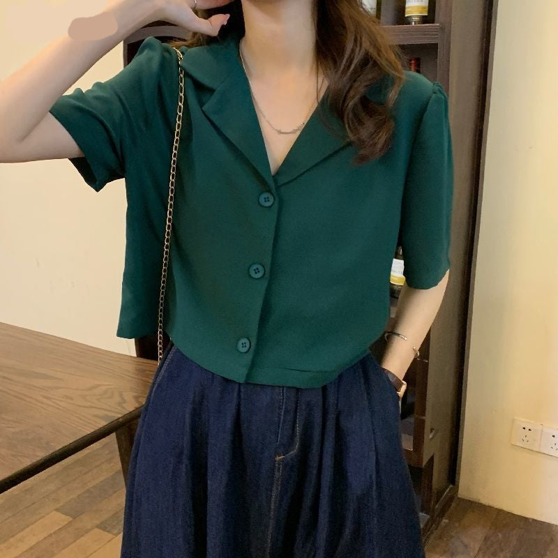 Notched Style Collar Cropped Blouse Shirt