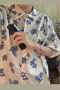 Blue Floral Printed Short Sleeve Shirt