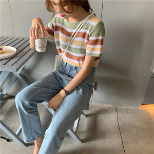 Vintage Striped Color O-Neck Knitted Shirt