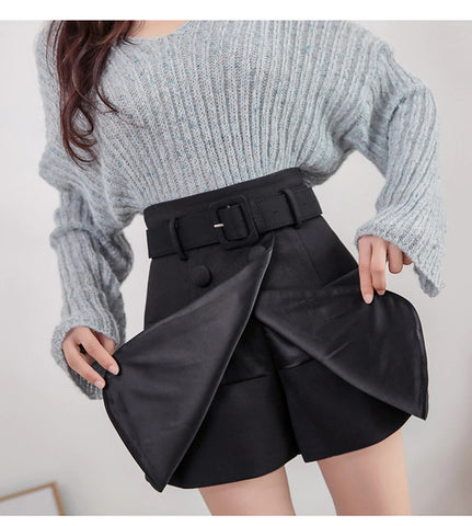 Retro Belted Fake Two Piece Short Skirt