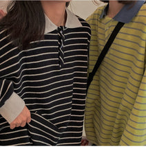 Loose Striped Polo Collar Long Sleeve Shirt