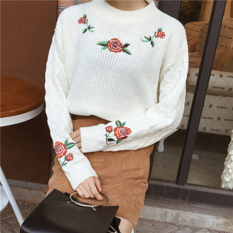 Rose Embroidered Pullover Sweater