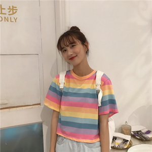 Fresh Colorful Striped Short O-Neck Shirt