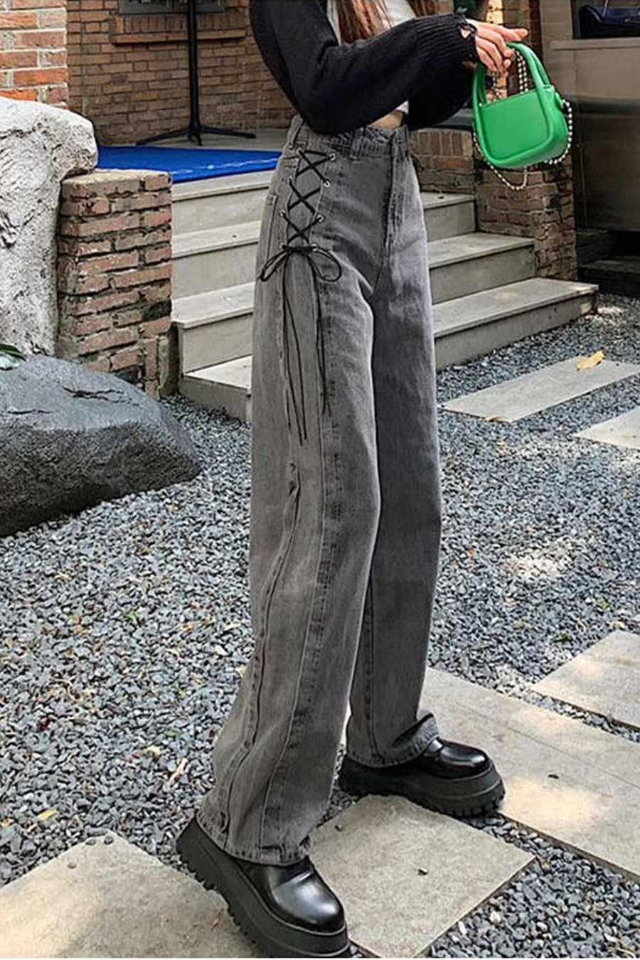 High Waist Side Tie Long Grey Jeans Pants – Tomscloth