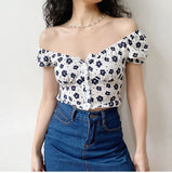 Black Daisy Flowe Slash Crop Top Slim Shirt