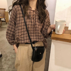 Plaid Belted Neck Loose Shirt