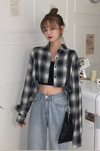 Long Sleeve Sexy Plaid Cropped Shirt