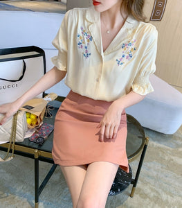Short Sleeve Floral Embroidery Yellow Office Blouse Shirt