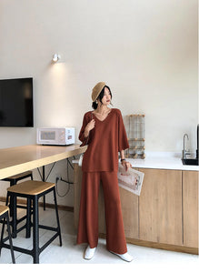 Two Piece Set Knitted Pullover V-Neck and Wide Leg Pants