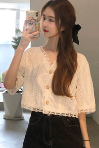 Short Sleeve V-Neck Lace Hollow Slim Shirt