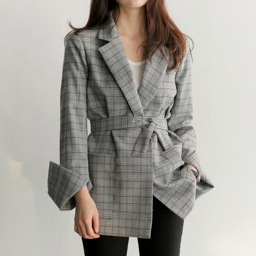 Grey Plaid Bow Sashes Split Blazer Jacket