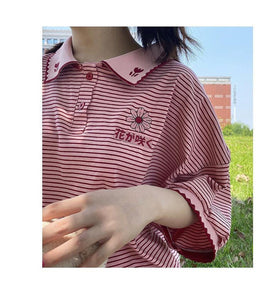 Flowers Embroidered Striped Polo Collar Shirt