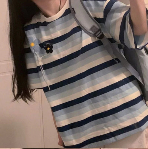 Daisy Pocket Embroidered Casual Striped Loose Shirt