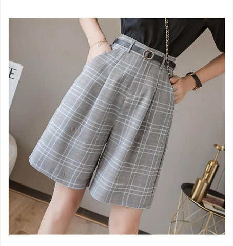 High Waist Plaid Pattern Casual Shorts