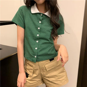 Striped Button Line Patchwork Polo Shirt
