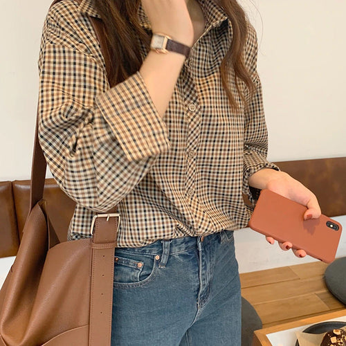 Loose Long Sleeve Retro Plaid Loose Shirt