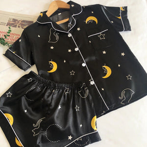Cat Moon and Stars Printed Satin 2Pcs Pajamas Set