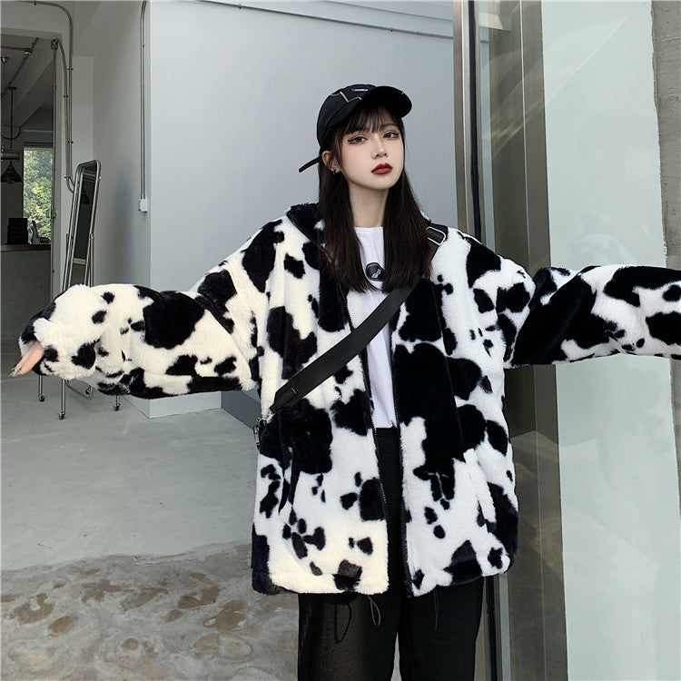 Cow Pattern Loose Warm Zipper Jacket